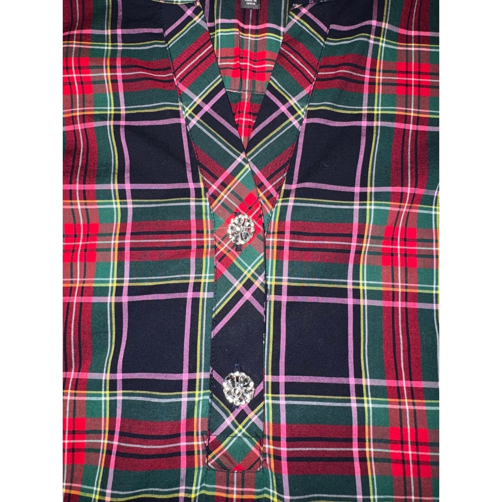 Talbots Dashing Plaid Band Collar Tunic Red Green Jewel Button Popover Large - Picture 6 of 9